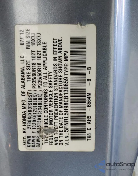 2012 Honda Odyssey Touring z USA, uszkodzony, nr VIN 5FNRL5H98CB130659